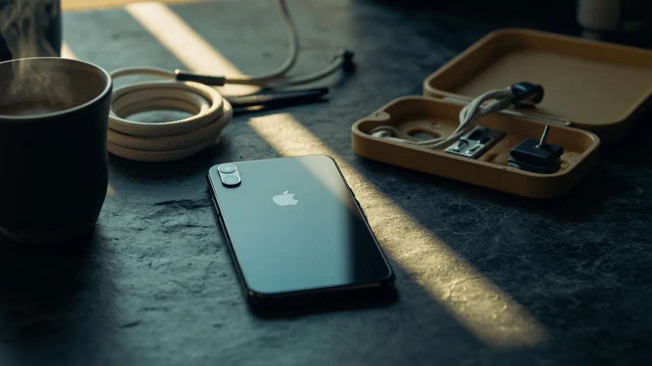 Smartphone on a slate countertop next to a small open toolbox and SIM ejector