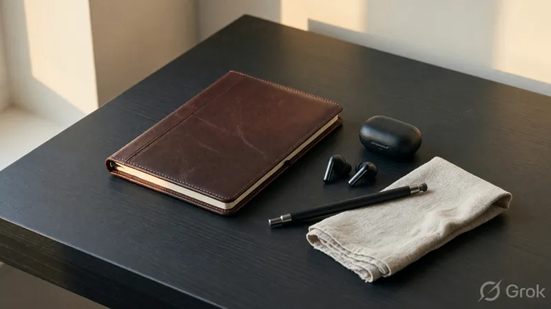 Arranged physical accessories - a closed leather notebook, earbuds in a small case and a stylus on a dark desk