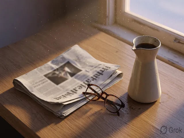 A folded broadsheet newspaper beside a coffee carafe and reading glasses at dawn