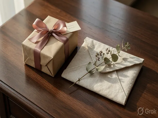 A wrapped gift box tied with a satin ribbon on a polished wood desk
