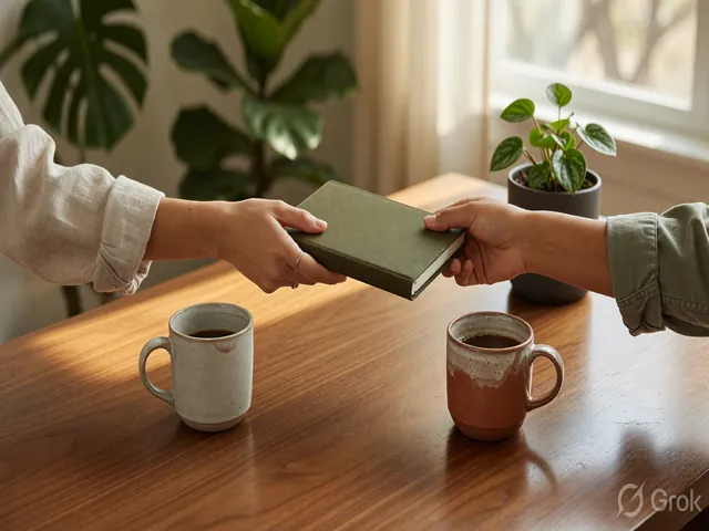 Two hands meeting over a wood desk with coffee mugs and a closed notebook