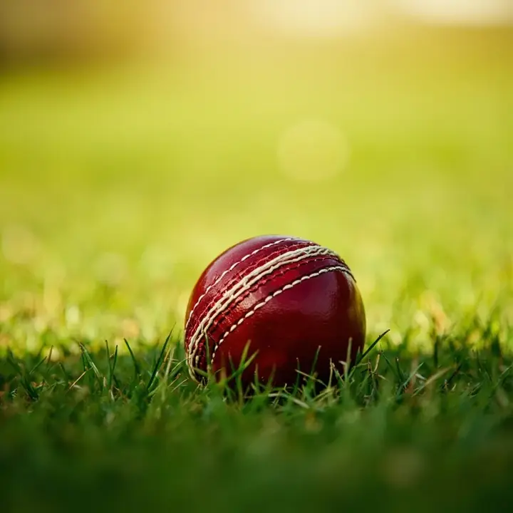 A red leather cricket ball with a hand-stitched white seam resting on a sunlit green outfield, soft afternoon light, shallow depth of field with creamy green bokeh in the background.