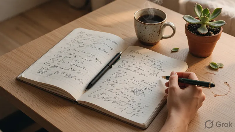 An open notebook with a stylus on a softly lit desk