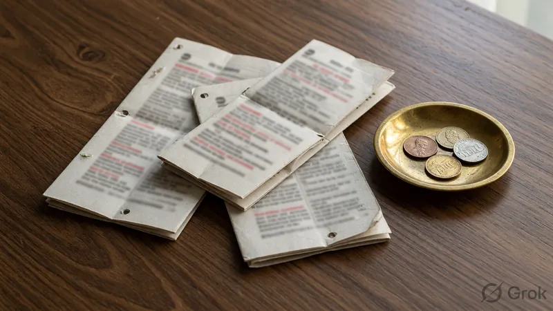 Stacked folded coupons next to a small brass coin dish on a dark wood surface