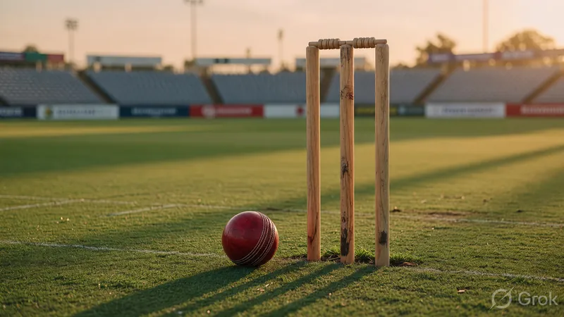 A single red leather cricket ball resting in front of wooden stumps on a manicured pitch