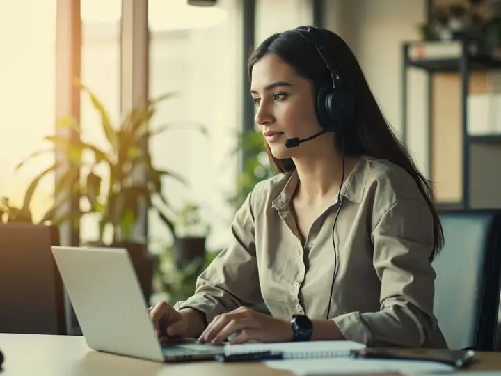 Support agent seated at a tidy desk with a headset and closed notebook